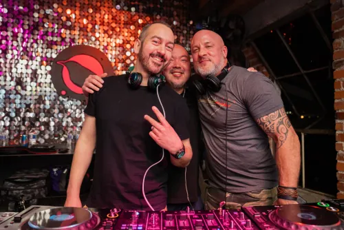 Paul Velocity, DJ sangdo and Phil Anthony behind the DJ turntables at Monkeyloft