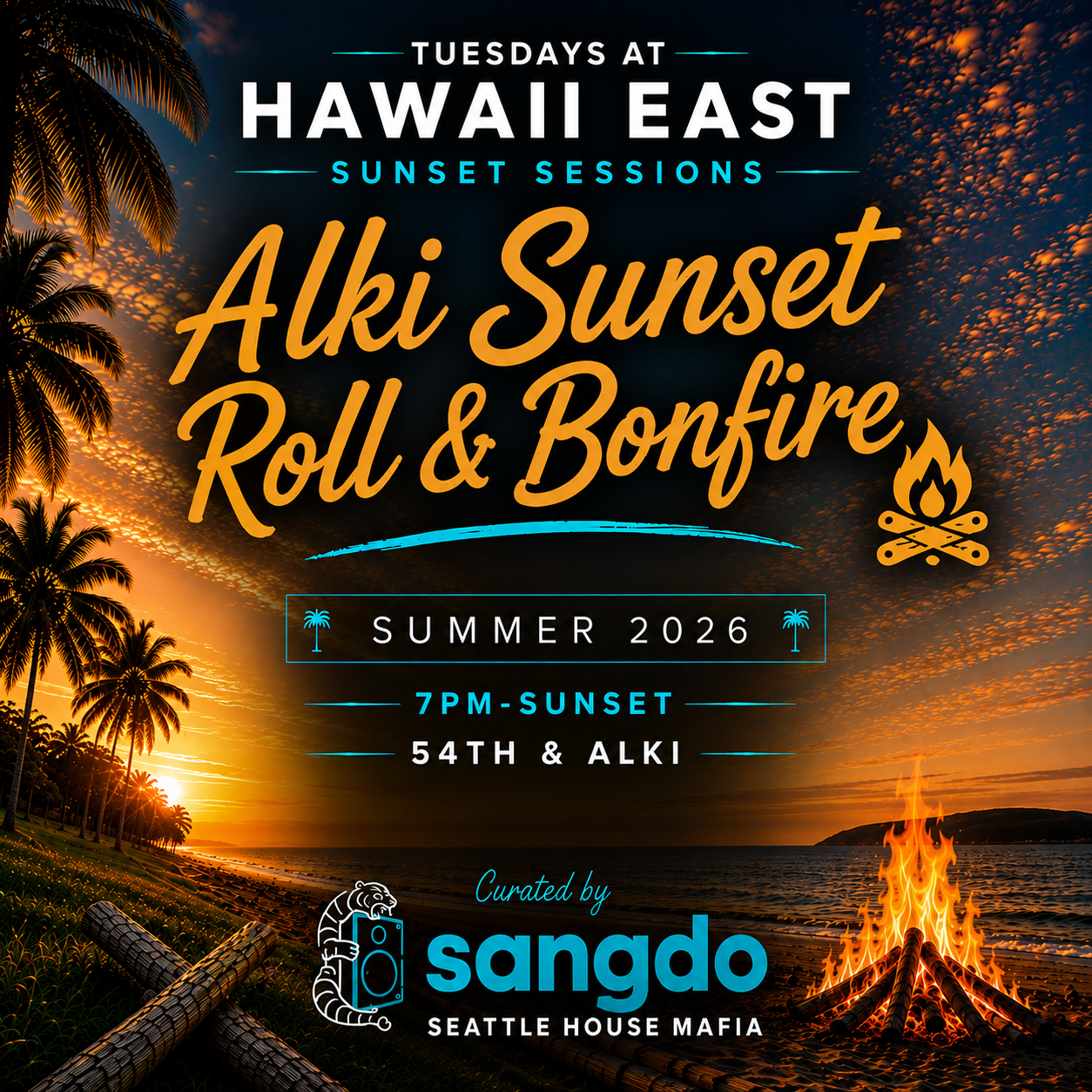 Alki Sunset Roll & Bonfire. 7pm - sunset. 54th & Alki. Curated by sangdo.